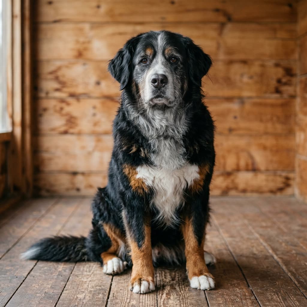 Älterer Berner Sennenhund mit ergrauter Schnauze sitzt ruhig vor einer warmen Holzwand