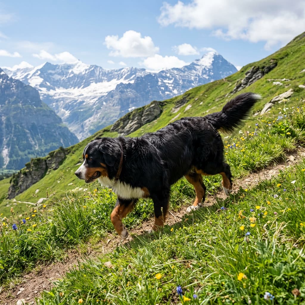 Gesunder Berner Sennenhund geht mit freier, kräftiger Bewegung einen Almweg bergauf