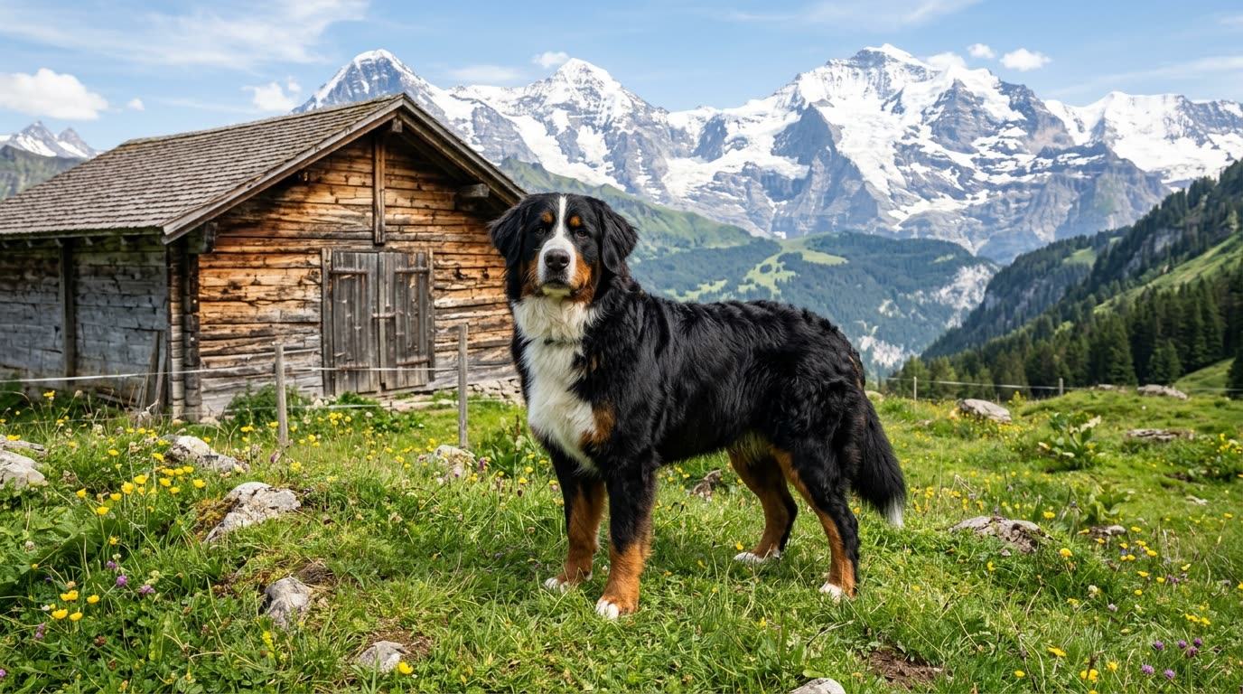 Gesunder Berner Sennenhund steht kräftig und gut bemuskelt auf einer Almwiese vor einer verwitterten Holzscheune